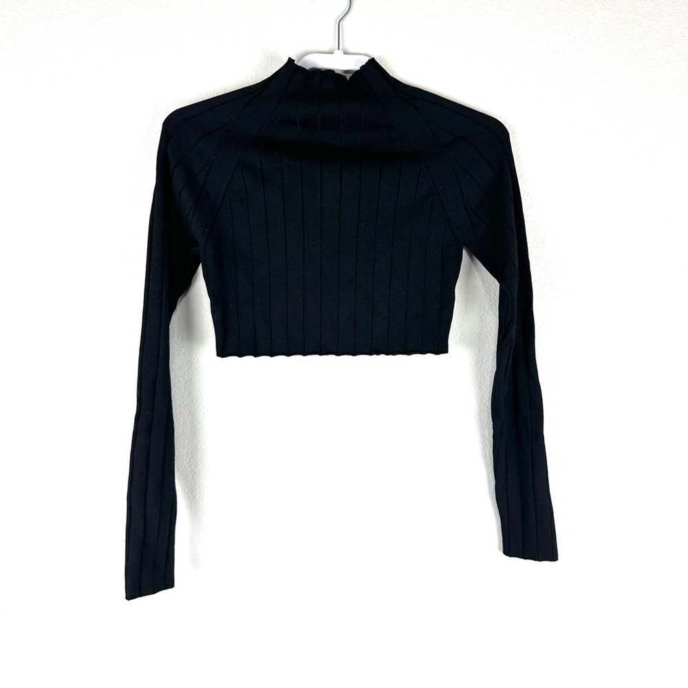 House of Harlow 1960 Black Ribbed Cropped Long Sleeve High Neck Top Size Small